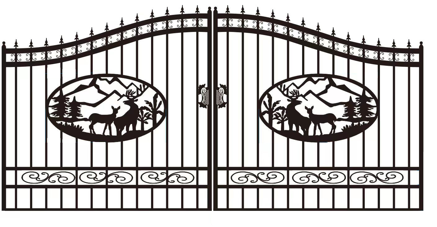 EMC 16 ft. Wrought Iron Driveway Gate - Deer Design, Heavy-Duty
