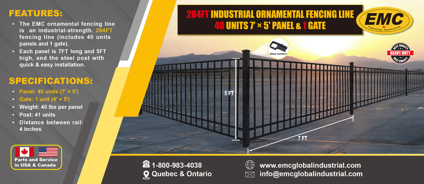 EMC 284FT 7’×5′ Flat Top Industrial Ornamental Fencing Line - 40 Panels & 2 Gate