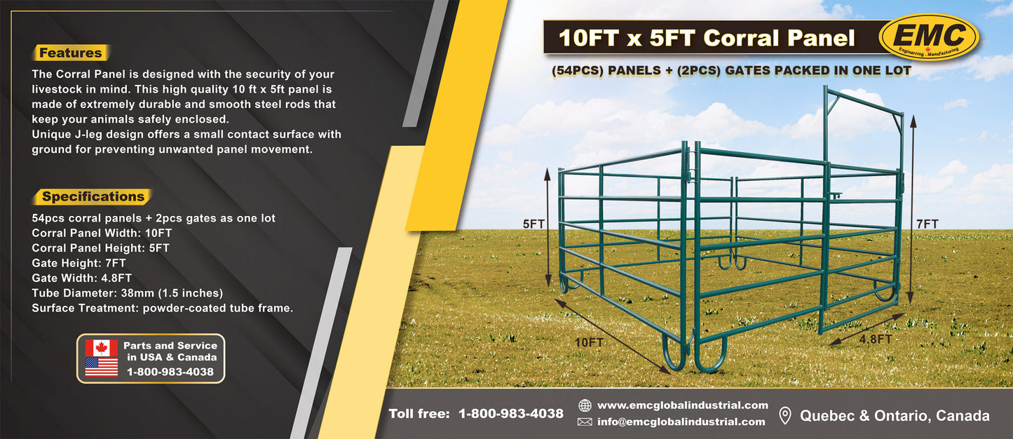 EMC 54 Panels & 2 Gates Corral Cattle Panels Pack - 10 Foot Wide x 5 for Height Per Panel - Powder Coated Tube Frame