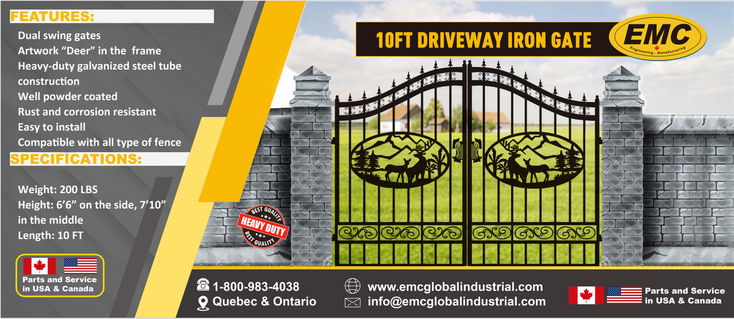 20 ft. Wrought Iron Driveway Gate - Deer Design, Heavy-Duty