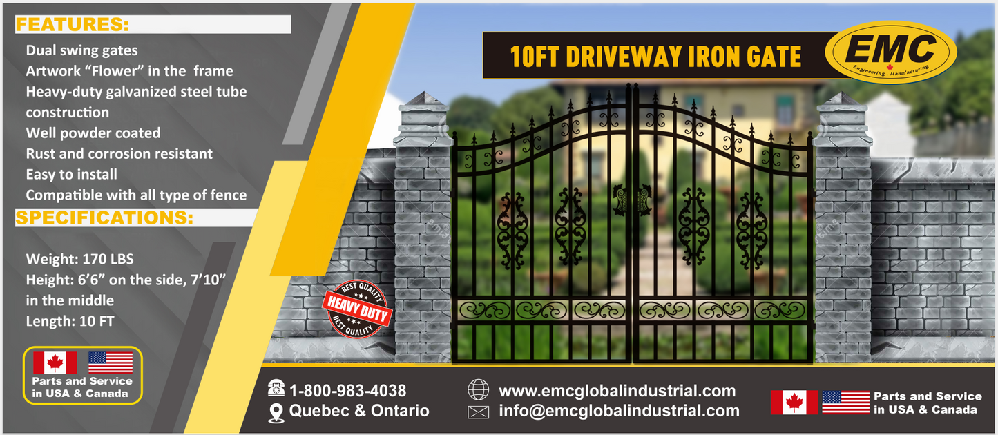 EMC 20 ft. Wrought Iron Driveway Gate - Flower Design, Heavy-Duty
