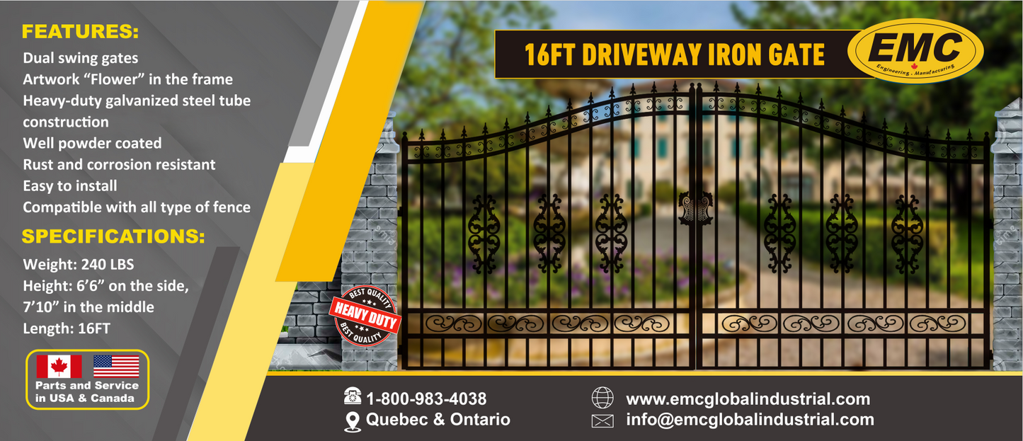 EMC 16 ft. Wrought Iron Driveway Gate - Flower Design, Heavy-Duty