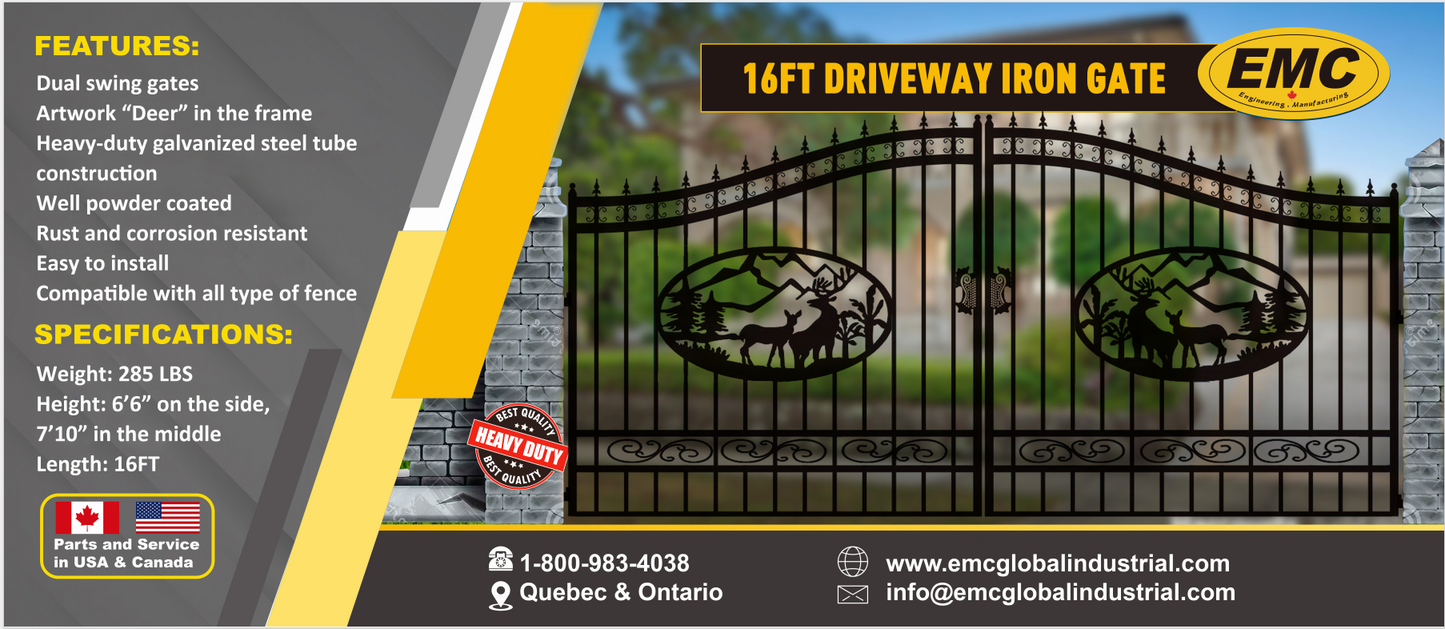EMC 16 ft. Wrought Iron Driveway Gate - Deer Design, Heavy-Duty