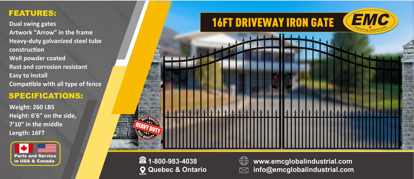 EMC 16 ft. Wrought Iron Driveway Gate - Arrow Design, Heavy-Duty
