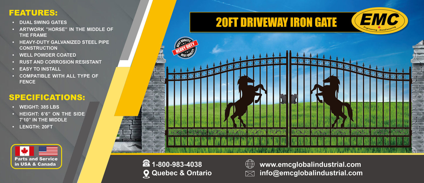20 ft. Wrought Iron Driveway Gate - Horse Design, Heavy-Duty