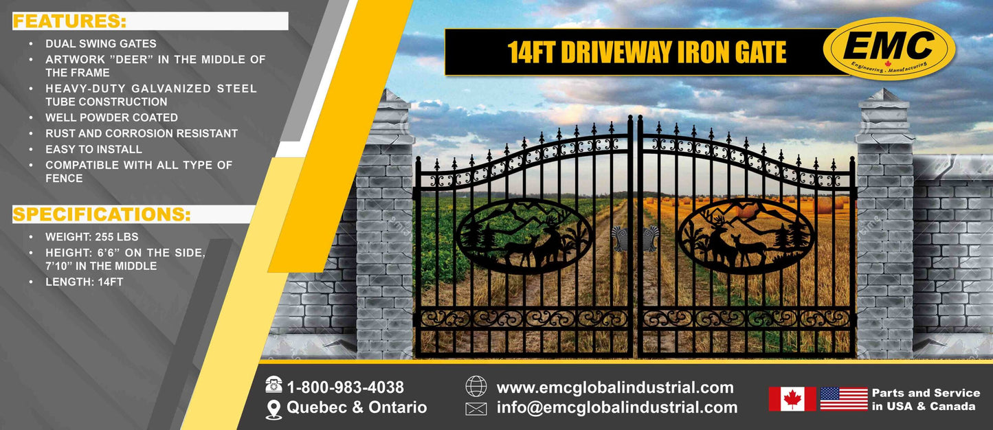 EMC 14 ft. Wrought Iron Driveway Gate - Deer Design, Heavy-Duty