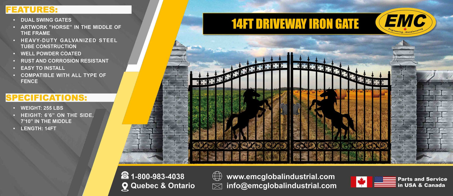 EMC 14 ft. Wrought Iron Driveway Gate - Horse Design, Heavy-Duty
