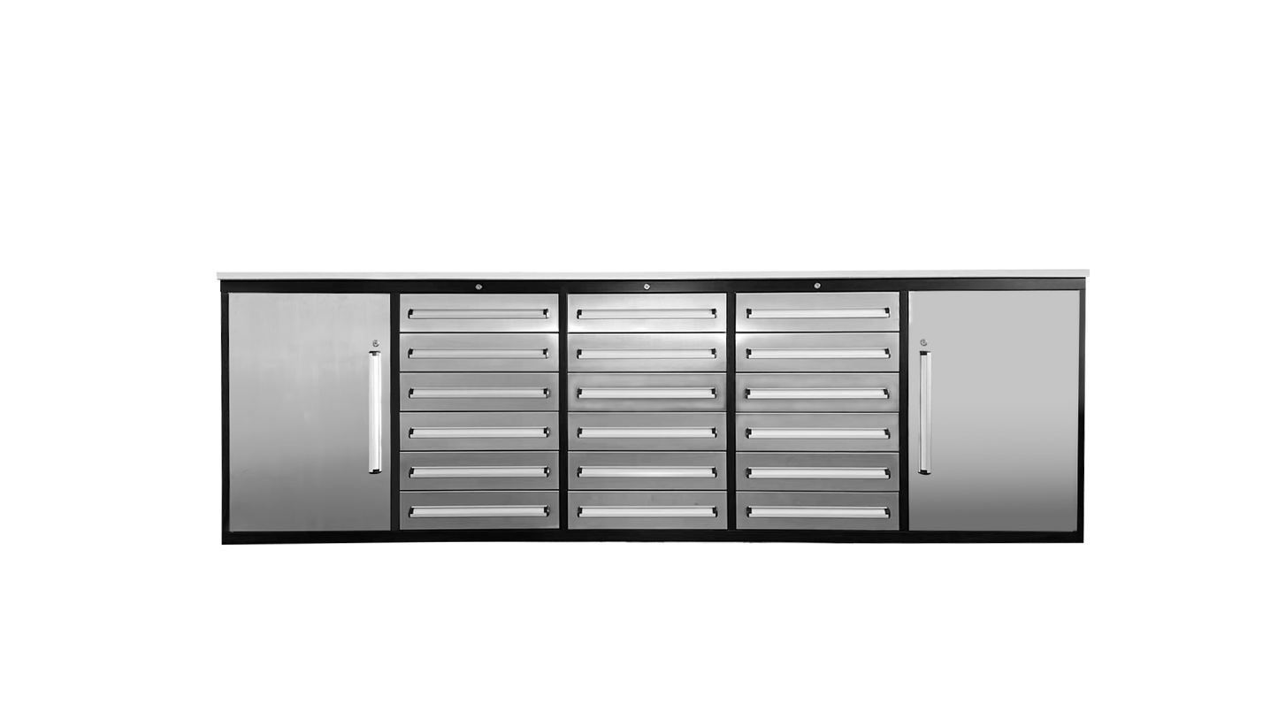 EMC 10ft Stainless Steel Workbench Cabinet Combo 18 Drawers 2 Cabinets