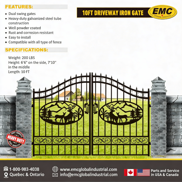 20 ft. Wrought Iron Driveway Gate - Deer Design, Heavy-Duty