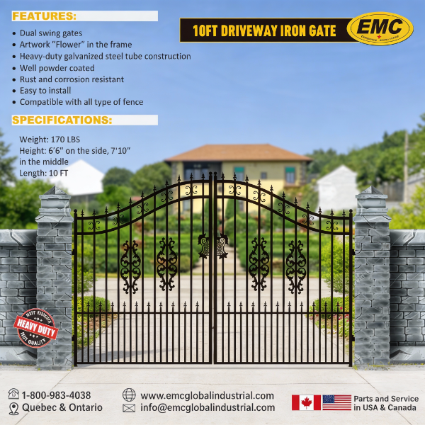 EMC 20 ft. Wrought Iron Driveway Gate - Flower Design, Heavy-Duty