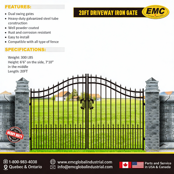 20 ft. Wrought Iron Driveway Gate - Arrow Design, Heavy-Duty