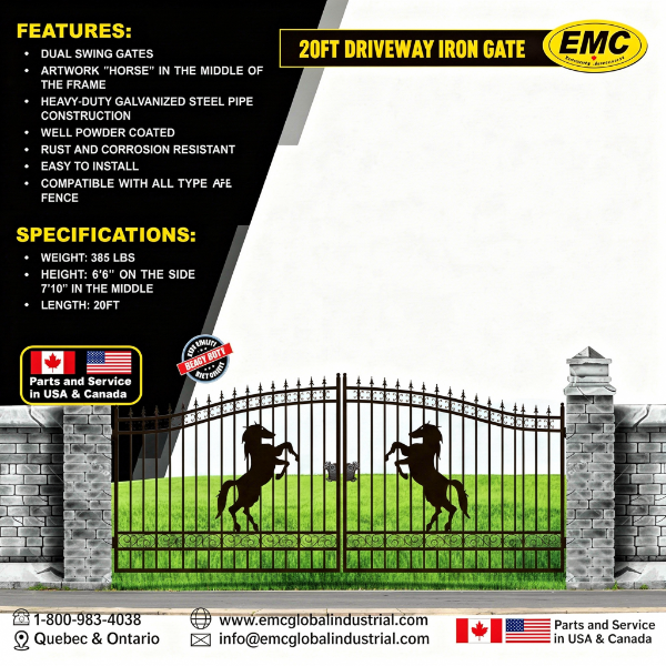 20 ft. Wrought Iron Driveway Gate - Horse Design, Heavy-Duty
