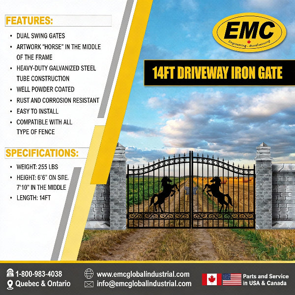 EMC 14 ft. Wrought Iron Driveway Gate - Horse Design, Heavy-Duty