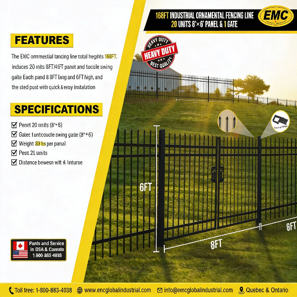 EMC 168FT 8’×6′ Sharp Top Industrial Ornamental Fencing Line - 20 Panels & 2 Gate