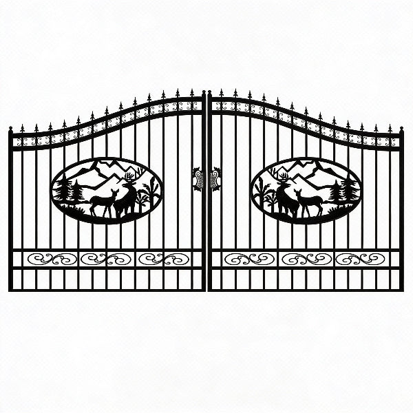 EMC 16 ft. Wrought Iron Driveway Gate - Deer Design, Heavy-Duty