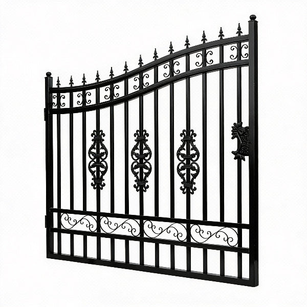 EMC 16 ft. Wrought Iron Driveway Gate - Flower Design, Heavy-Duty