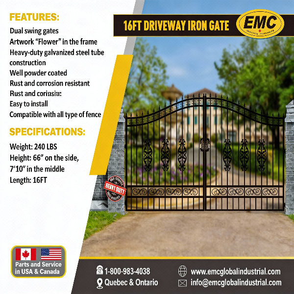 EMC 16 ft. Wrought Iron Driveway Gate - Flower Design, Heavy-Duty
