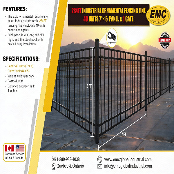 EMC 284FT 7’×5′ Flat Top Industrial Ornamental Fencing Line - 40 Panels & 2 Gate