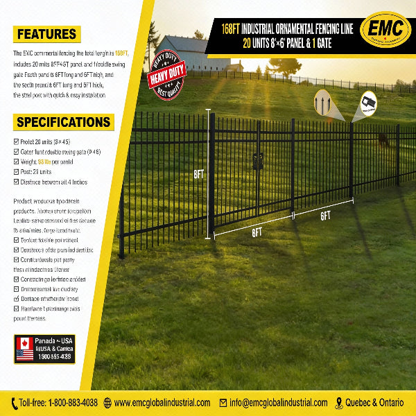 EMC 328FT 8’×6′ Sharp Top Industrial Ornamental Fencing Line - 40 Panels & 2 Gate