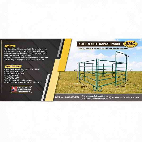 EMC 54 Panels & 2 Gates Corral Cattle Panels Pack - 10 Foot Wide x 5 for Height Per Panel - Powder Coated Tube Frame