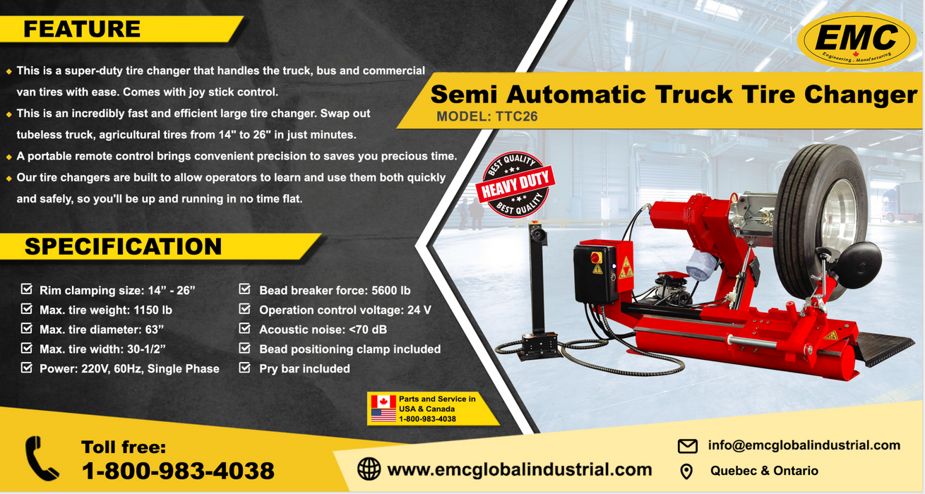 EMC Semi Automatic Truck Tire Changer -  14" to 26" Rim Diameter - Super Heavy Duty