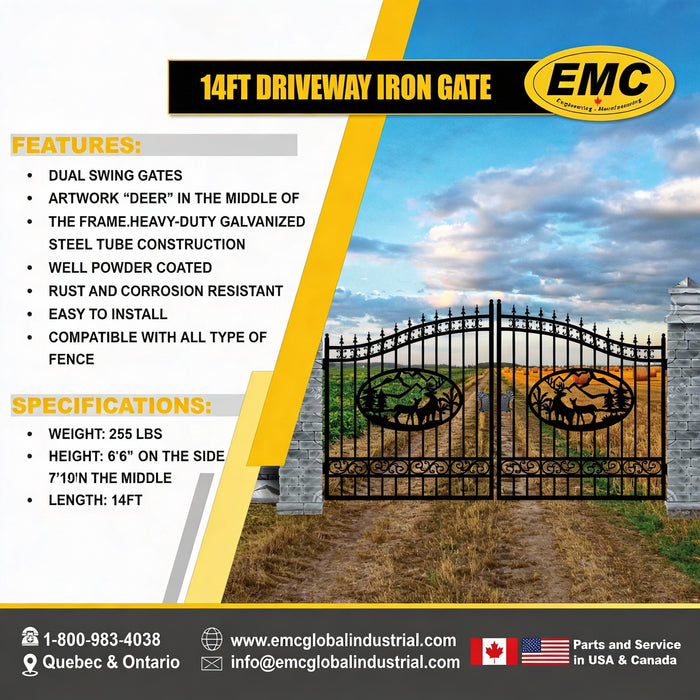 EMC 14 ft. Wrought Iron Driveway Gate - Deer Design, Heavy-Duty