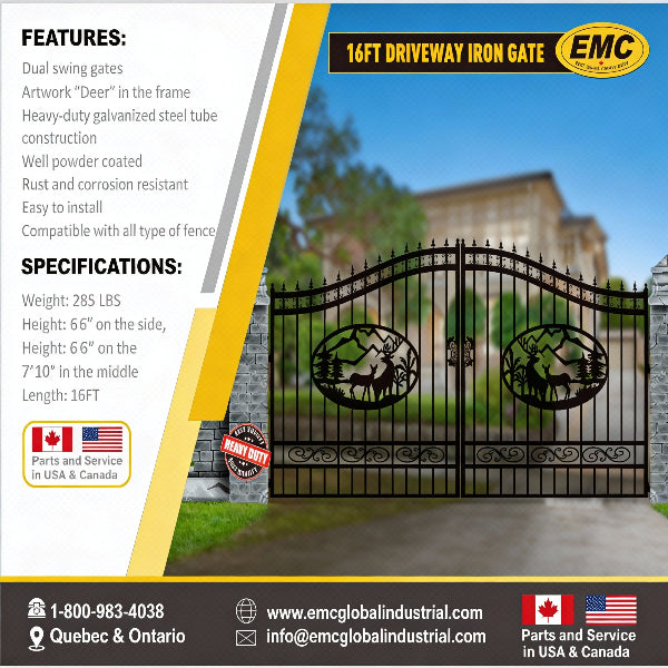 EMC 16 ft. Wrought Iron Driveway Gate - Deer Design, Heavy-Duty