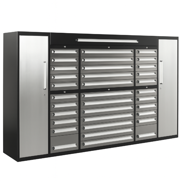EMC 8.5ft Silver Workbench Cabinet Combo 34 Drawers 2 Cabinets