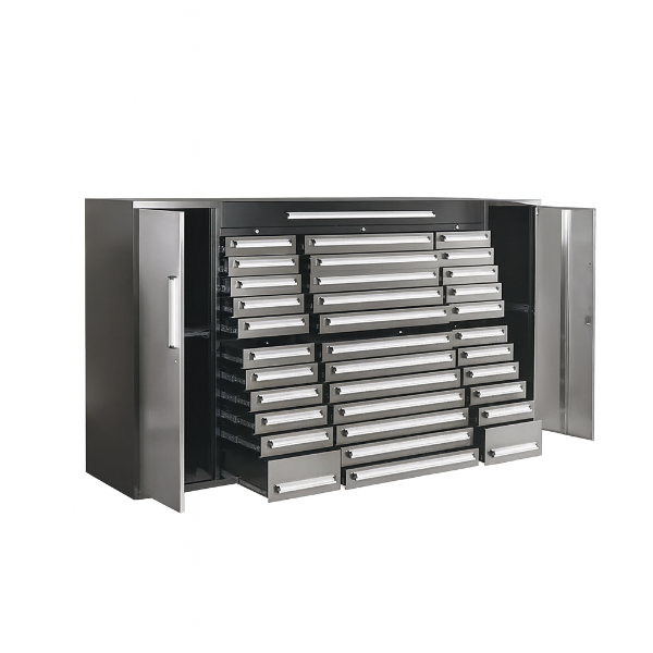 EMC 8.5ft Silver Workbench Cabinet Combo 34 Drawers 2 Cabinets