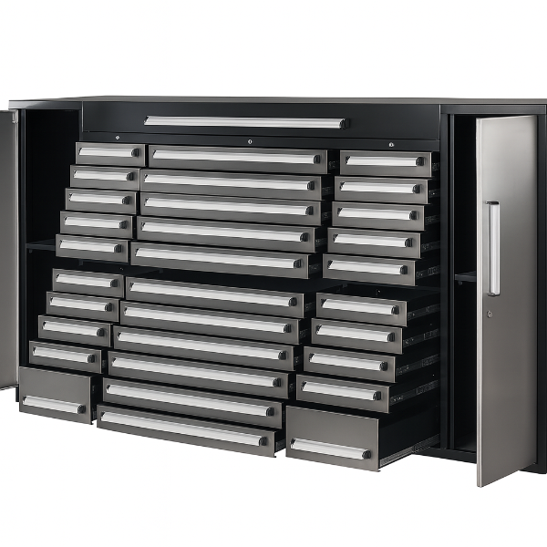 EMC 8.5ft Silver Workbench Cabinet Combo 34 Drawers 2 Cabinets